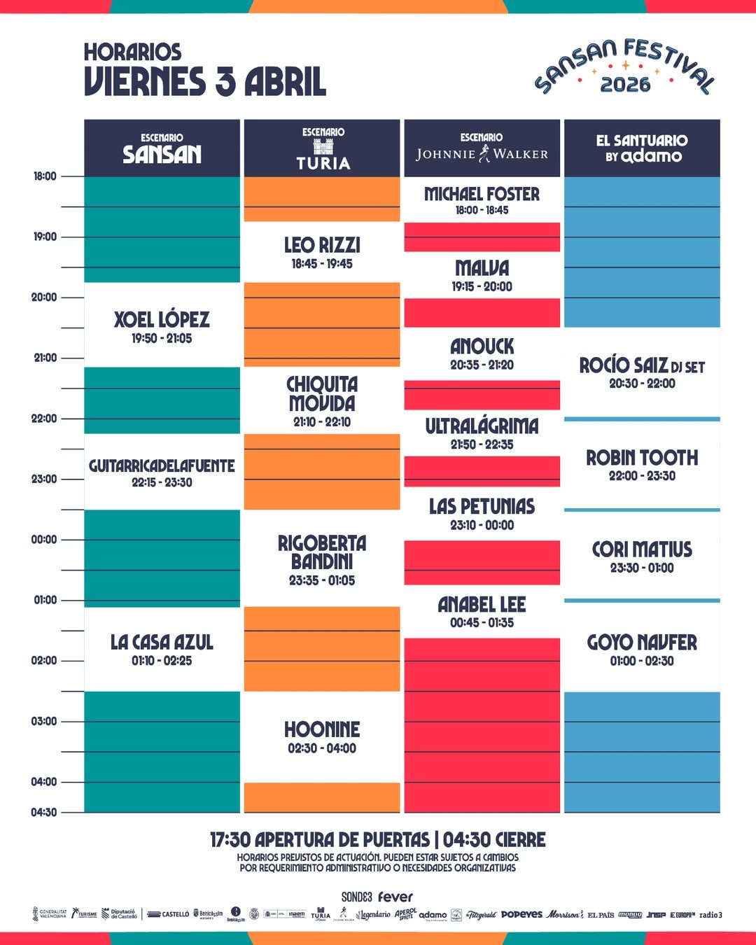 Horarios del viernes 3 de abril. SanSan Festival 2026.