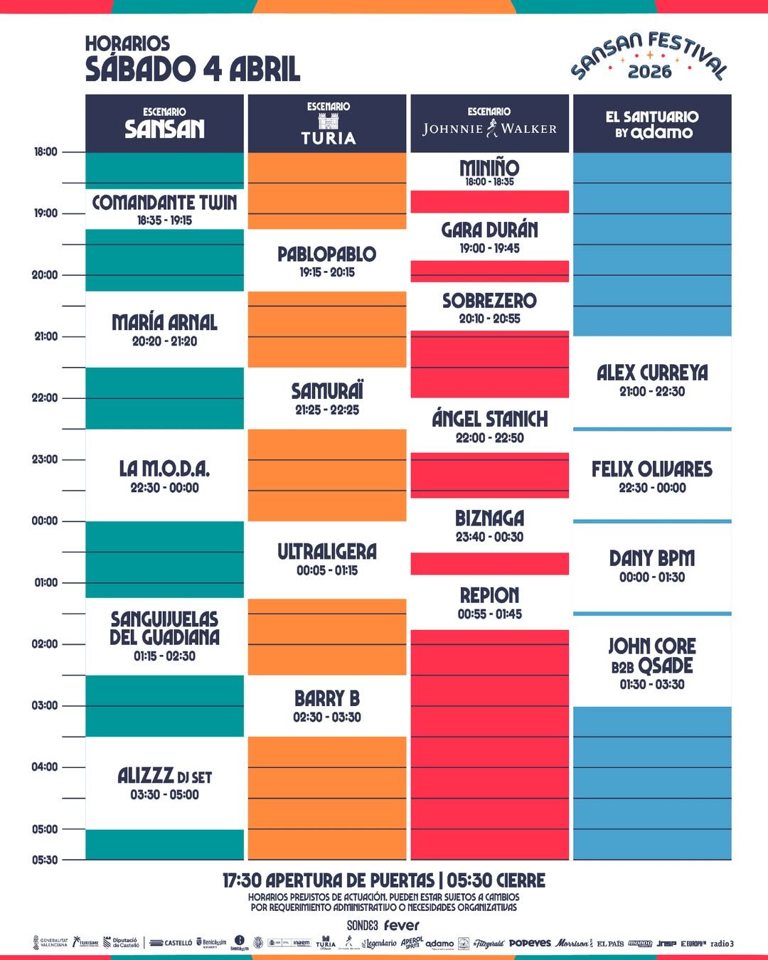 Horarios del sábado 4 de abril. SanSan Festival 2026.